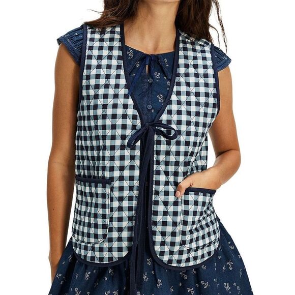 Free People Claudine Gingham Check Print Vest in Navy Combo NWOT - Picture 1 of 7